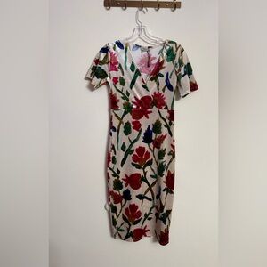 Zara Trafal Velvet Cream Burgundy Navy Floral V-Neck Midi Women’s Dress Medium M